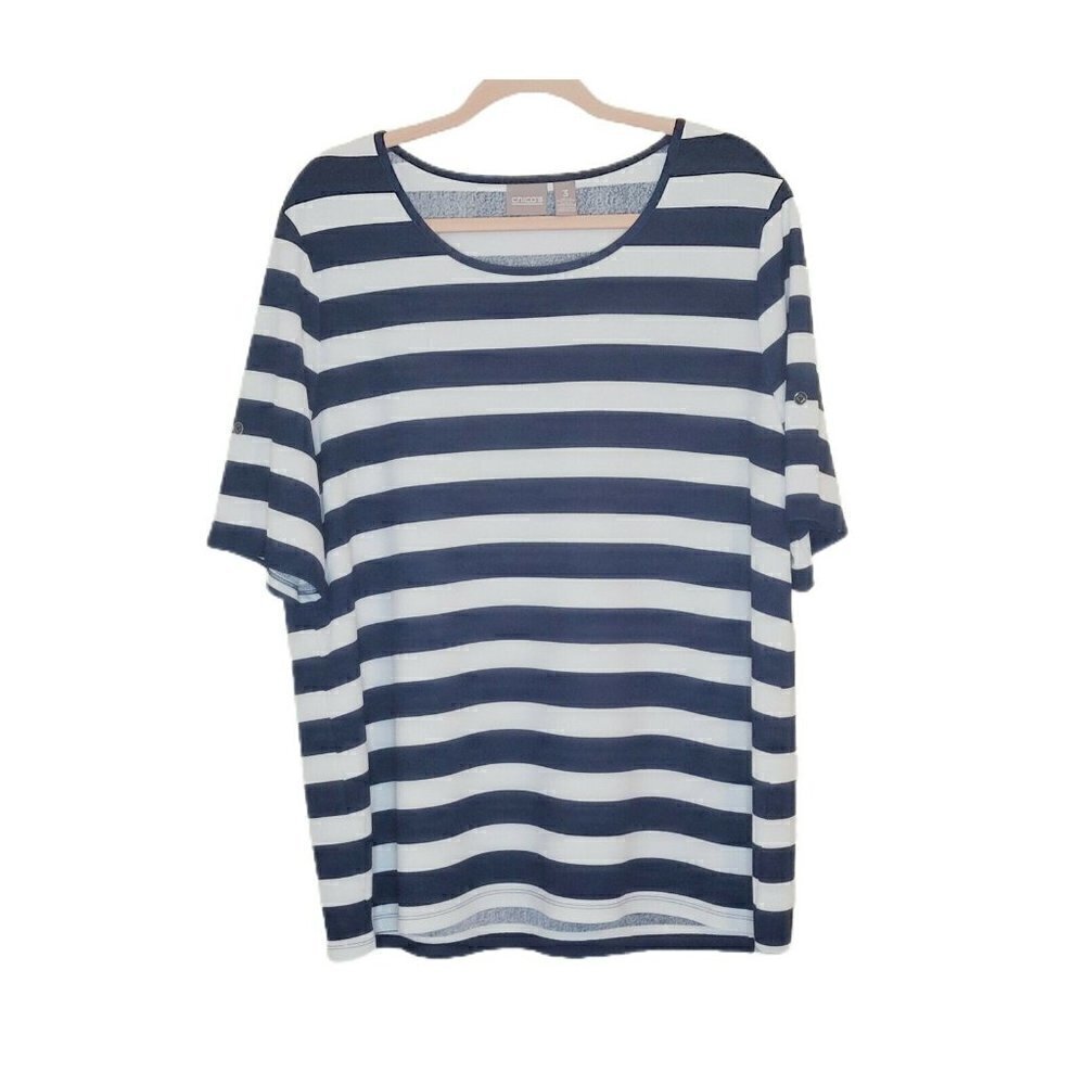 Chicos Blue and White Stripe Jersey Short Sleeve Top Size 3
